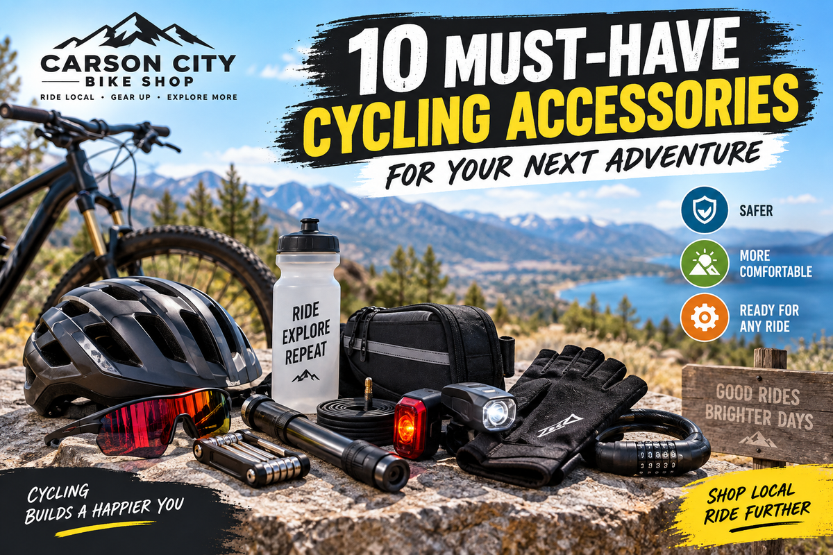10 must-have cycling accessories for your next adventure, including a bike helmet, repair kit, lights, and water bottle.