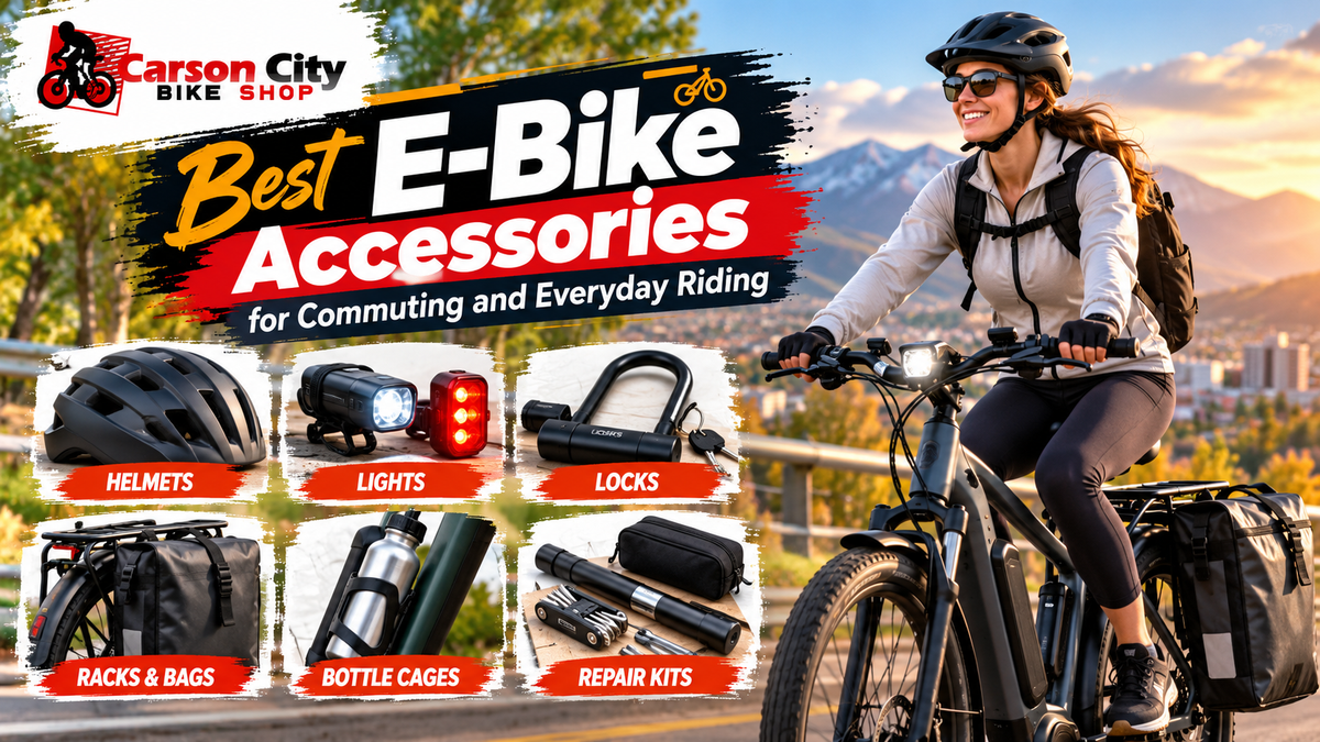 Best e-bike accessories for commuting and everyday riding, featuring helmets, bike lights, locks, racks, pannier bags, bottle cages, and repair kits by Carson City Bike Shop.