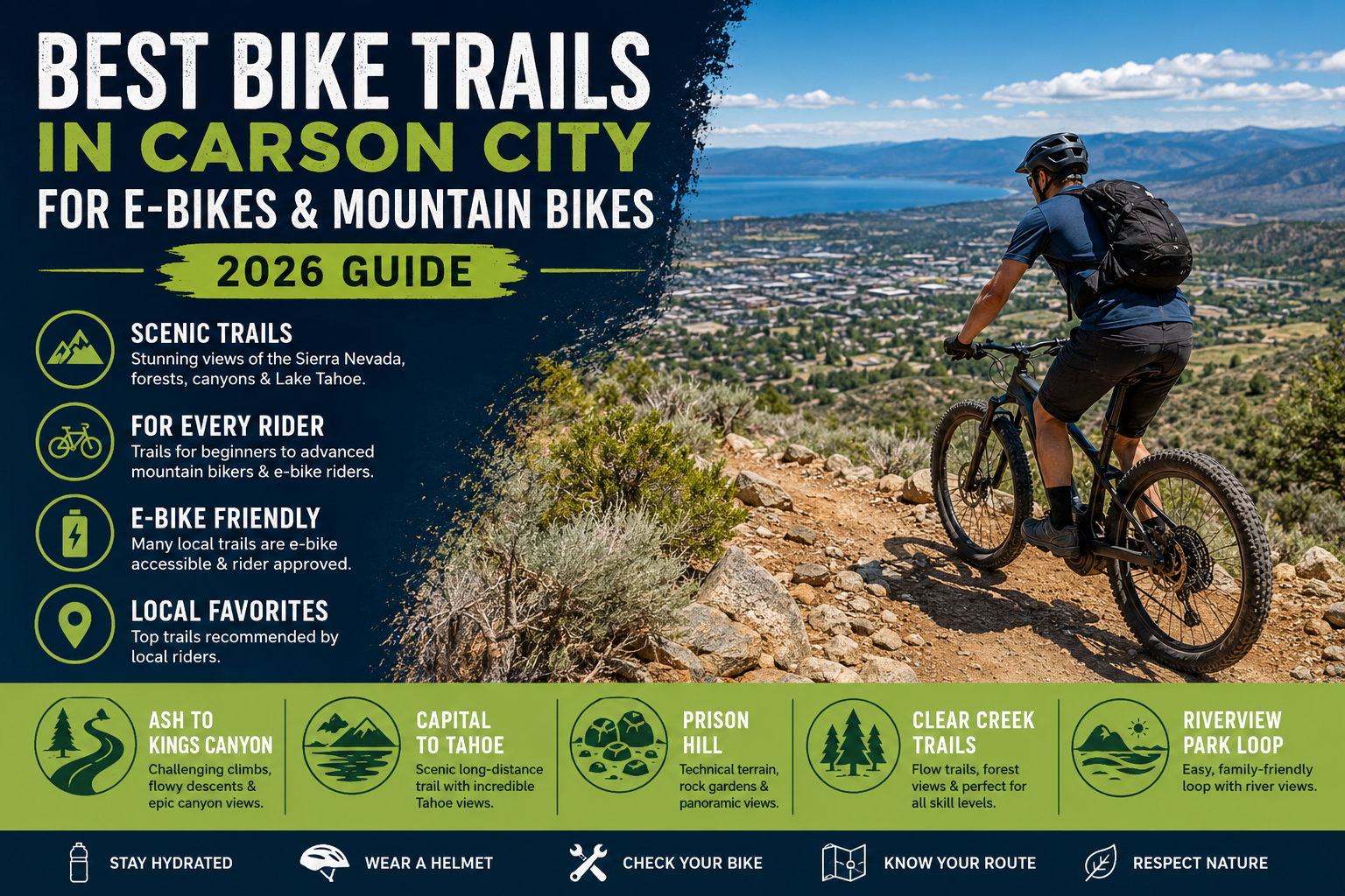 Mountain biker riding scenic trail in Carson City Nevada with lake and mountain views