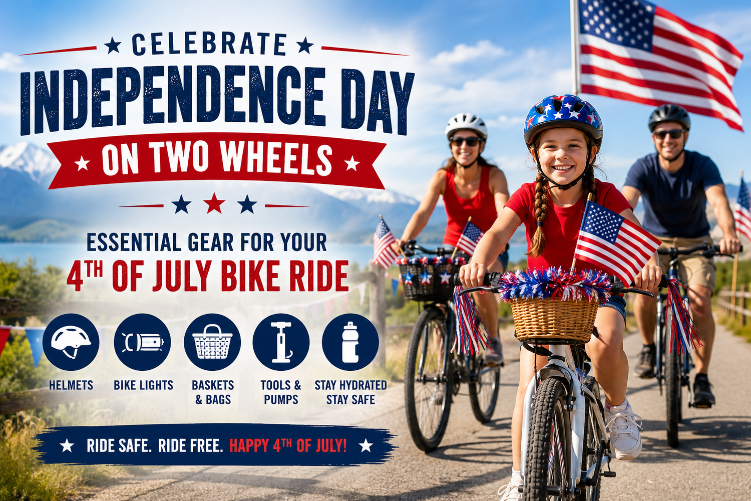 Family enjoying a Fourth of July bike ride with American flags