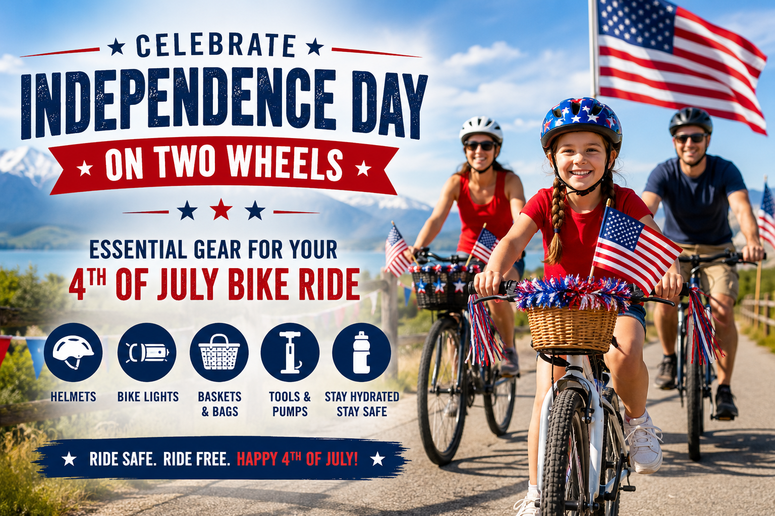 Family enjoying a Fourth of July bike ride with American flags