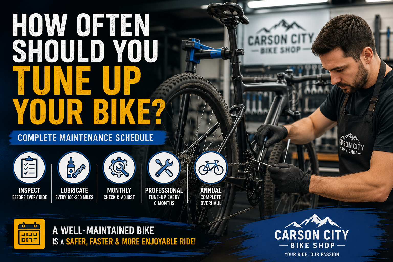 Professional bike mechanic performing a bicycle tune-up at Carson City Bike Shop with a complete bike maintenance schedule guide.