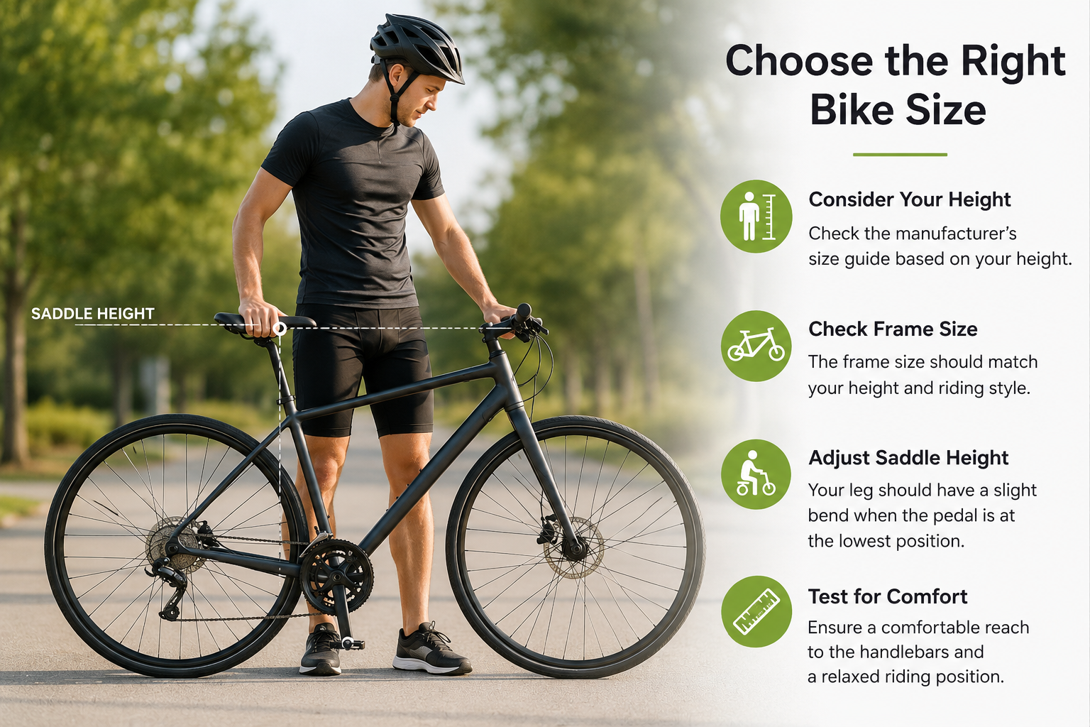 Beginner guide showing how to choose the right bike size for comfortable cycling