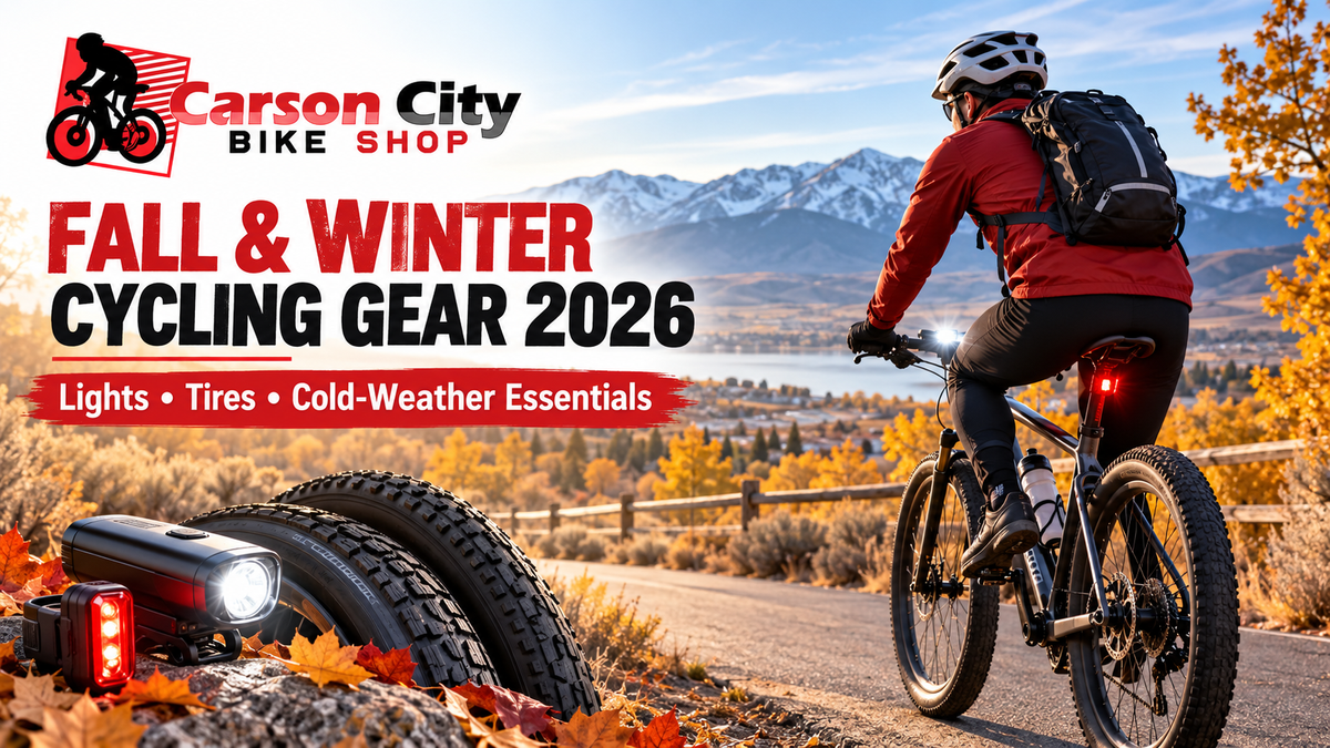 Carson City Bike Shop fall and winter cycling gear 2026 banner featuring bike lights, tires, and cold-weather cycling essentials against a scenic autumn mountain landscape.