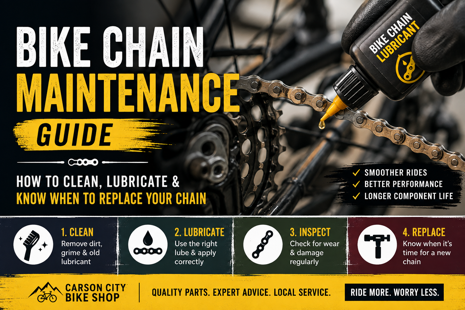 Bike chain maintenance guide showing how to clean, lubricate, inspect, and replace a bicycle chain for smoother shifting and longer drivetrain life.