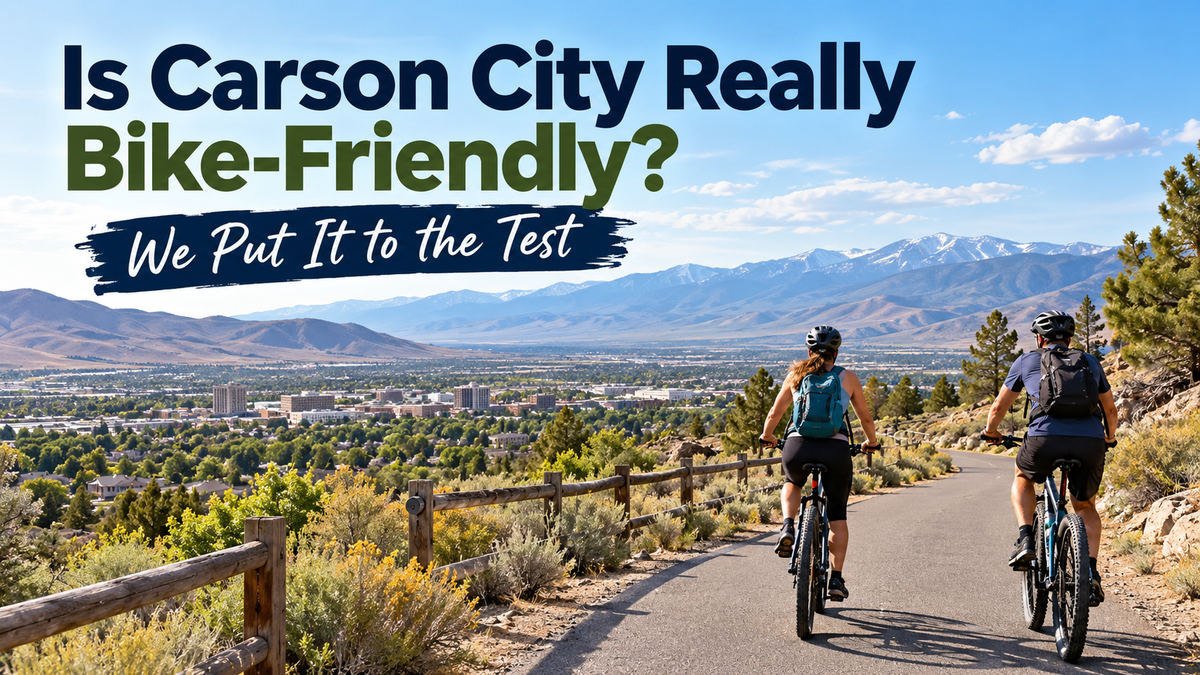 Cyclists riding a scenic trail overlooking Carson City Nevada with Sierra Nevada mountains
