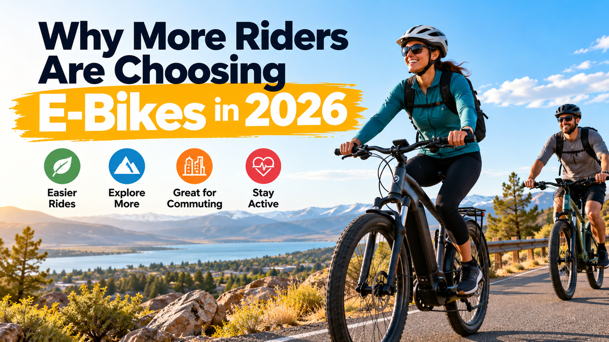 Two riders enjoying e-bikes on a scenic mountain road near Carson City, Nevada
